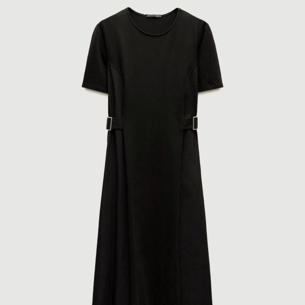 Nwot Zara Combination Buckle-Waist Black Midi Dress